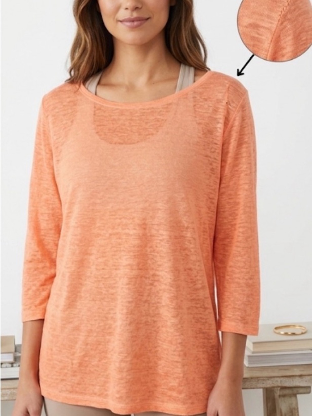 Joie 100% Linen Sheer Orange Peach Burnout Boat Neck Top Small